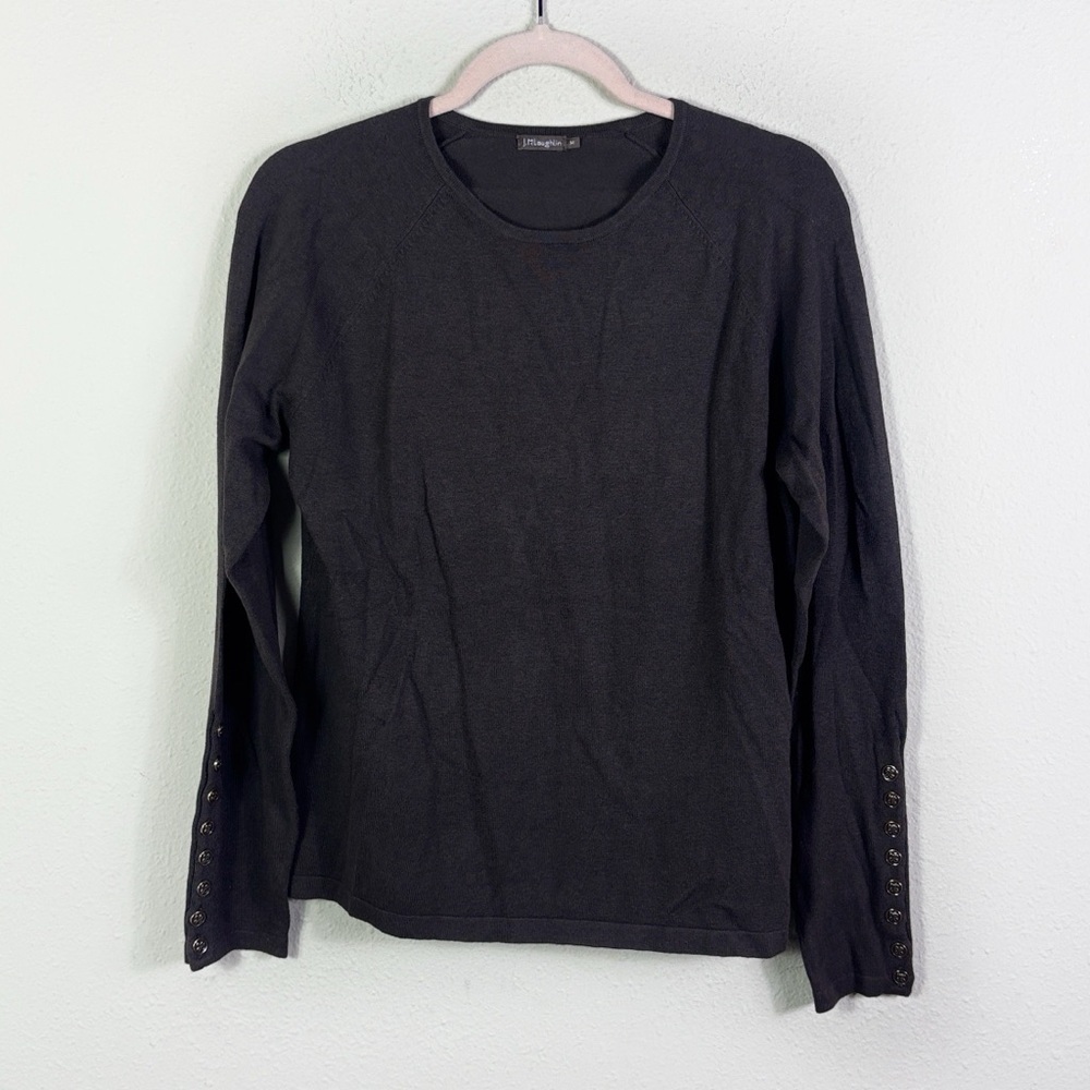 J. McLaughlin Brown Crew Neck Sweater Button Details on Sleeve size Medium